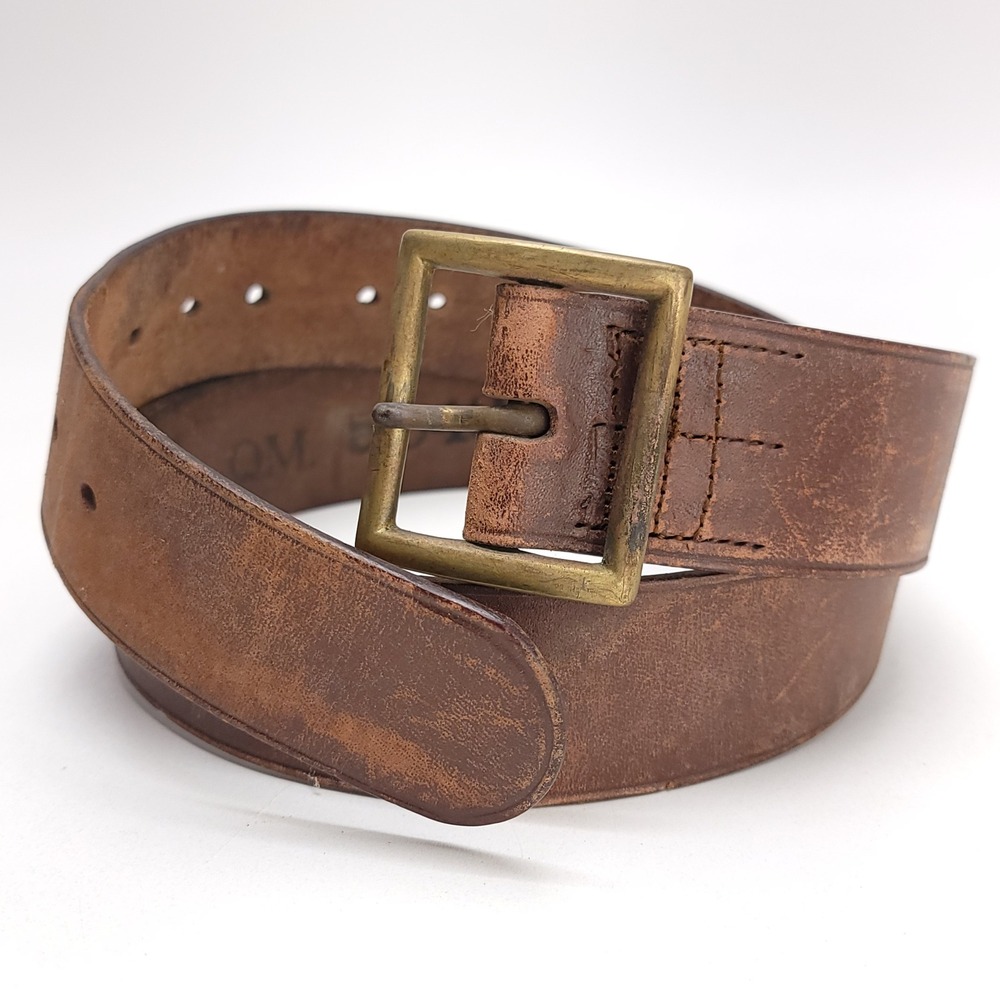 Pre WW2 US Military Brown Leather Belt JQMD 1937 QM 5042 Brass Buckle Size 38